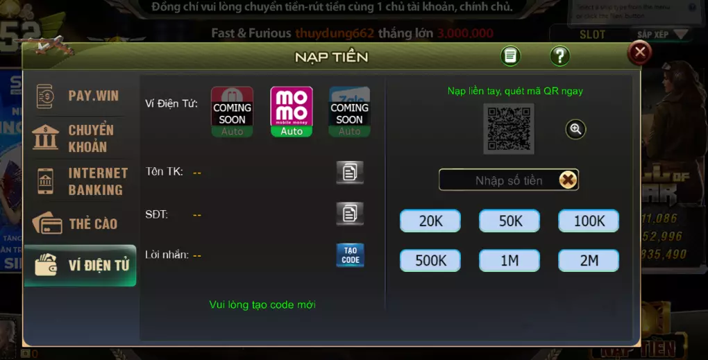 Nạp tiền cược B52 Play qua ví điện tử Momo