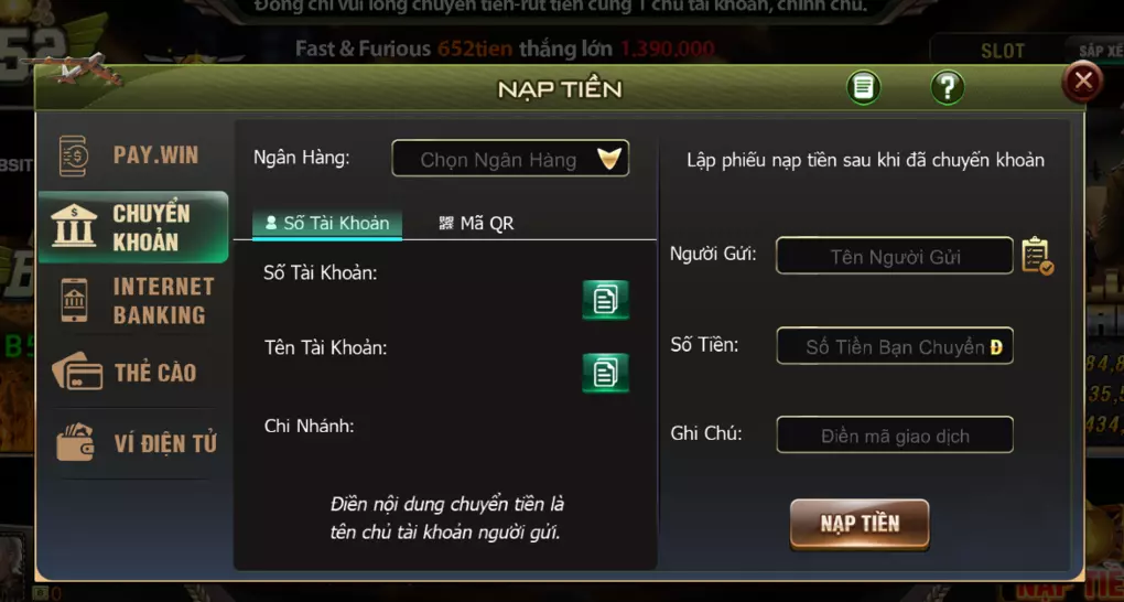 Nạp tiền cược Tai B52 Club thông qua ngân hàng