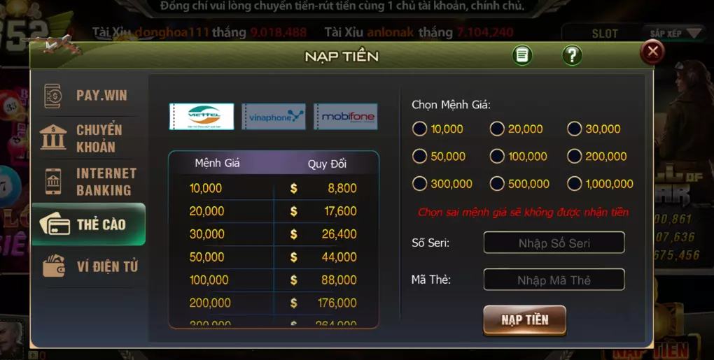 Nạp tiền cược B52 Play qua thẻ cào điện thoại